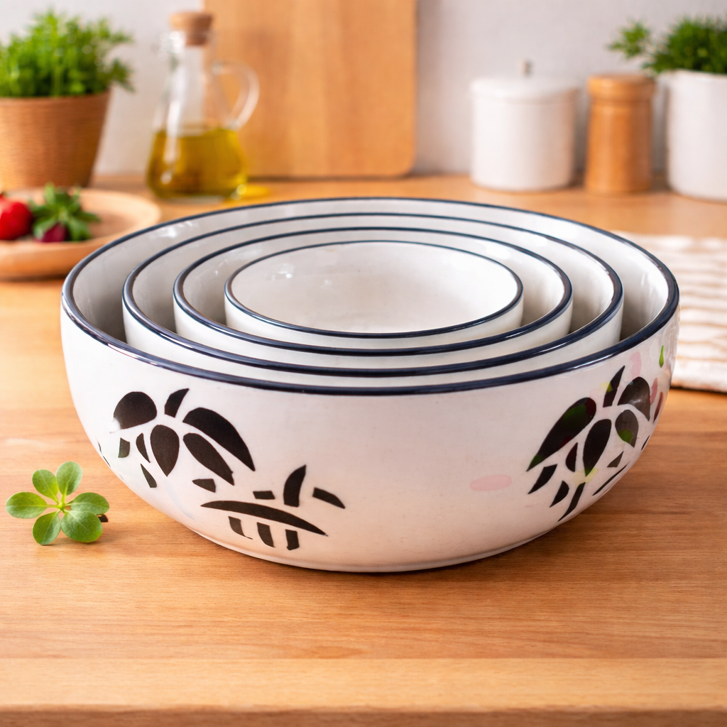 Kunhar Ceramic Mixing Bowl Set – 4 Pieces (1500ml, 800ml, 600ml, 400ml), Coconut White – Durable, Microwave & Dishwasher Safe – Ideal for Mixing, Serving & Storage